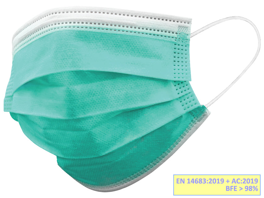 GISAFE MASCHERINA CHIRURGICA FILTRANTE 98% 3 VELI tipo IIR con elastici - adulti - verde chiaro - scatola
