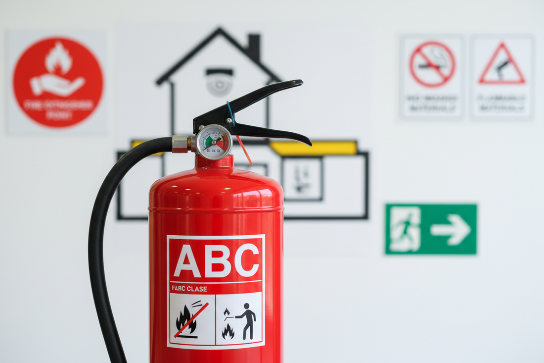 Estintore antincendio rosso portatile con manometro e istruzioni d'uso, dispositivo di sicurezza per la prevenzione e gestione delle emergenze incendio