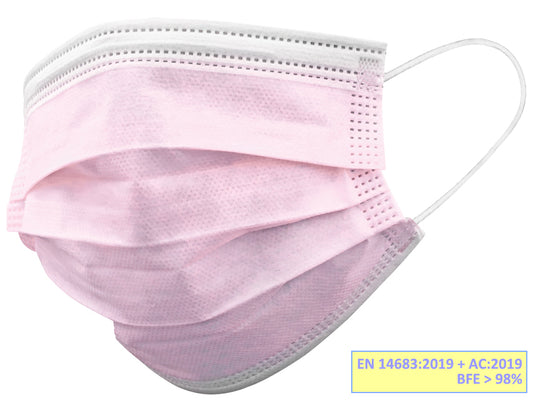 MASCARILLA FILTRANTE QUIRÚRGICA GISAFE 98% 3 CAPAS tipo IIR con elásticos - adultos - rosa - caja