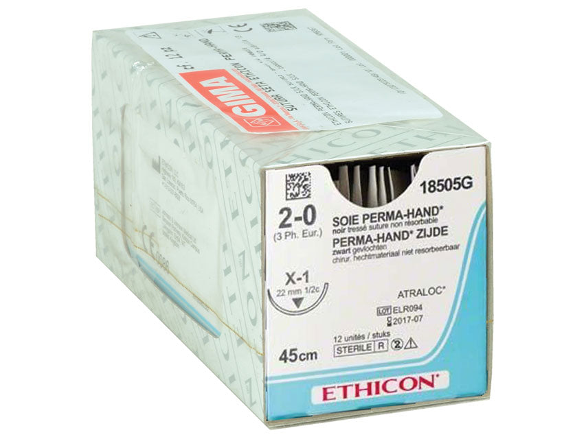 SUTURE EN SOIE ETHICON PERMA-HAND - aiguille 2/0 22 mm - tressée