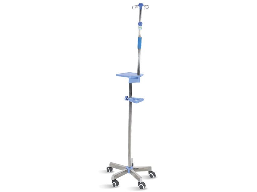 IV STAND ON STAND WITH 5 WHEELS with handle and shelf - stainless steel - 4 hooks