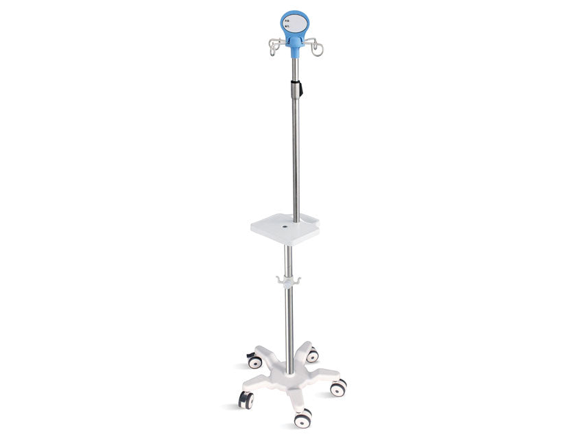 SUPPORT POUR POMPE À PERFUSION À 5 ROUES avec poignée et étagère - inox - 4 crochets - capacité 20 kg