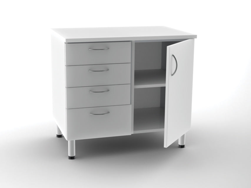 UNITÀ BASE DOPPIA 4 cassetti + 1 porta con 2 scaffali - bianca